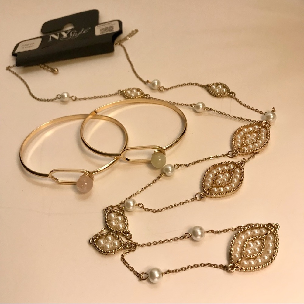 2 Gemstone bracelets and Pearl necklace Gold Tone - Picture 3 of 10